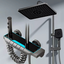 Inteligentny System Prysznicowy 4-w-1 z Wyświetlaczem LED Temperatury, Sterowaniem Termostatycznym, Głowicą Deszczową, Słuchawką Prysznicową 3 Tryby, Kaskadą, Zewnętrznym Bidetem i Obrotem 360