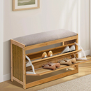 Ławka z szafką na buty 2w1 z bambusa, 2 półki, wygodne tapicerowane siedzisko, drzwi typu rattan, naturalny design, 70 x 24 x 46 cm