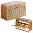Ławka z szafką na buty 2w1 z bambusa, 2 półki, wygodne tapicerowane siedzisko, drzwi typu rattan, naturalny design, 70 x 24 x 46 cm