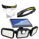 Zestaw: Zewnętrzna Lampa Solarna LED z 3 Głowicami + Czołówka LED z Akumulatorem, Czujnik Ruchu
